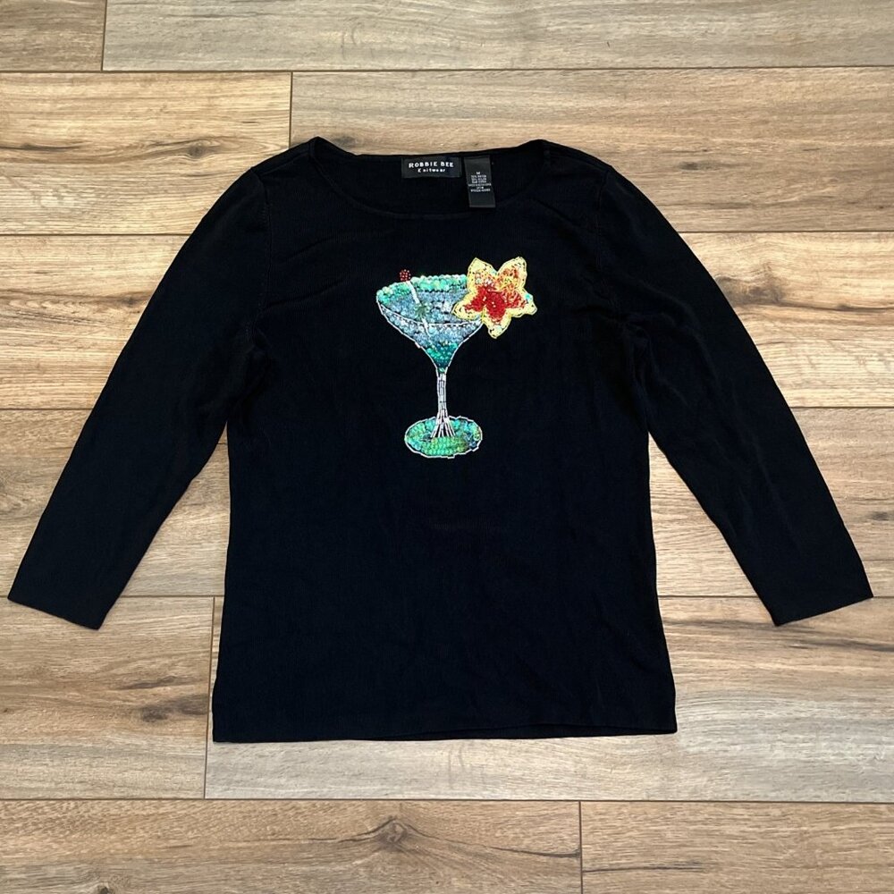 Robbie Bee Cocktail Top MEDIUM Black Stretch Beaded Sequin Tropical Drink y2k
